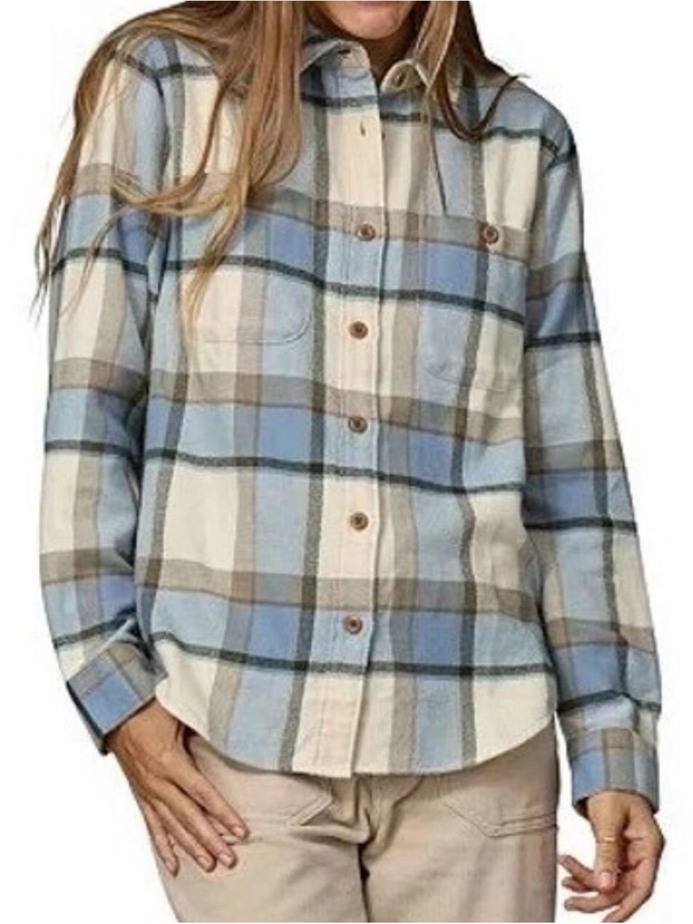Patagonia Blue and Cream Plaid Kids Button-Up Pajama Top